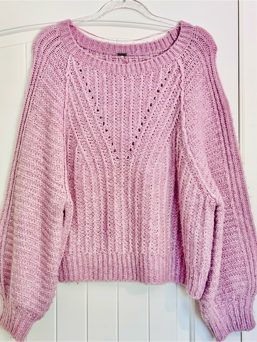 Free People Light Pink Cable Knit Crewneck Sweater
